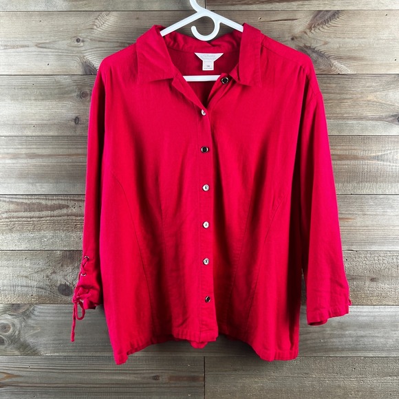 CJ Banks Tops - CJ Banks Womens Shirt 3/4 Lace‎ Tie Sleeves Button Up Linen Blend Size 1X